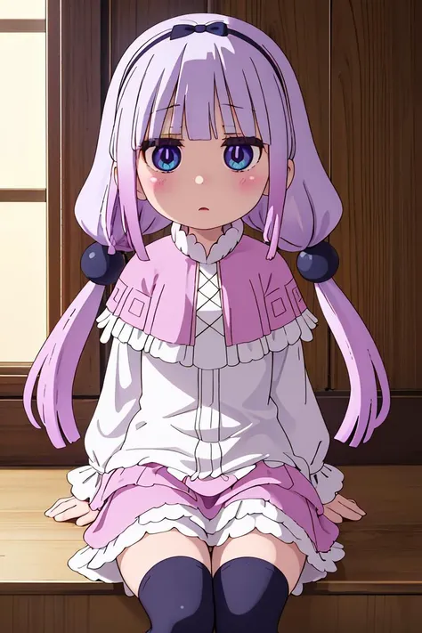 (masterpiece, best quality), 1girl, <lora:kanna kamui s2-lora-nochekaiser:1> kanna kamui, long hair, bangs, blue eyes, hair ornament, twintails, blunt bangs, low twintails, light purple hair, beads, dragon girl, hair beads, hairband, thighhighs, long sleeves, dress, capelet, juliete sleeves,