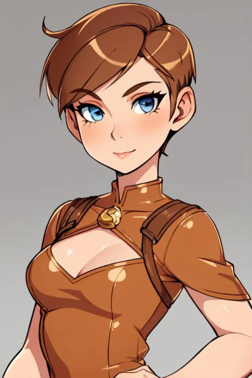 beautiful girl, woman, solo, sexy body, (cute:1.3), (([Bronze hair], [undercut pixie], [fit and flare dress])), realistic, (cute), (detailed face), detailed eyes, detailed iris, cameltoe,,