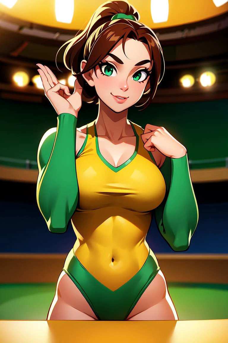 <lora:betterCuteAsian:0.3>, woman posing for a photo,(finish_pose, wearing gymnast_outfit:1.3), green outfit, shiny outfit,
good hand,4k, high-res, masterpiece, best quality, head:1.3,((Hasselblad photography)), finely detailed skin, sharp focus, (cinematic lighting), collarbone, night, soft lighting, dynamic angle, [:(detailed face:1.2):0.2],(((inside stadium))), outside,     <lora:gymnast_outfit:0.5>