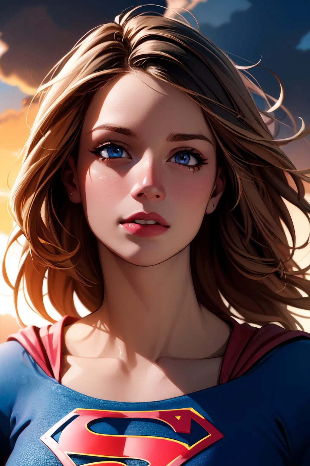 best quality, ultra-detailed, masterpiece,finely detail, high res, 8k wallpaper, best quality, highres, cowboy shot, supergirl, superhero, beautiful girl, woman, solo, fly, sky, cloudy sky, (cute:1.3), realistic, (cute), (detailed face), detailed eyes, detailed iris,
detailed skin, masterpiece, professional photoshoot, perfect face,,,, <lyco:Supergirl:1.0>