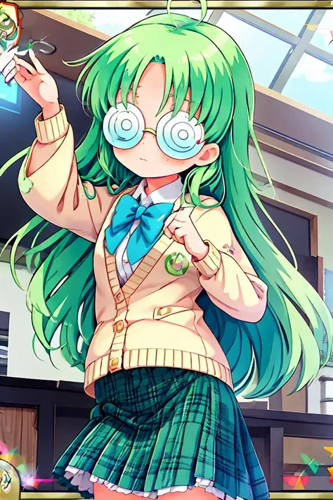 (masterpiece, best quality), 1girl, <lora:Yukawa-Kise:1> yukawakise, green hair, ahoge, long hair, glasses, coke-bottle glasses, opaque glasses, round eyewear, blue eyes, green eyes, cardigan, labcoat, sleeves past wrists, white shirt, blue bowtie, blue skirt, plaid skirt, school uniform