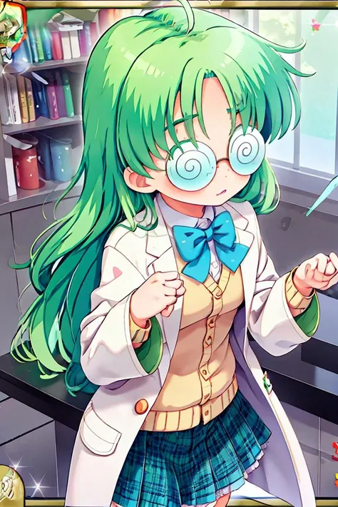 (masterpiece, best quality), 1girl, <lora:Yukawa-Kise:1> yukawakise, green hair, ahoge, long hair, glasses, coke-bottle glasses, opaque glasses, round eyewear, blue eyes, green eyes, cardigan, labcoat, sleeves past wrists, white shirt, blue bowtie, blue skirt, plaid skirt, school uniform