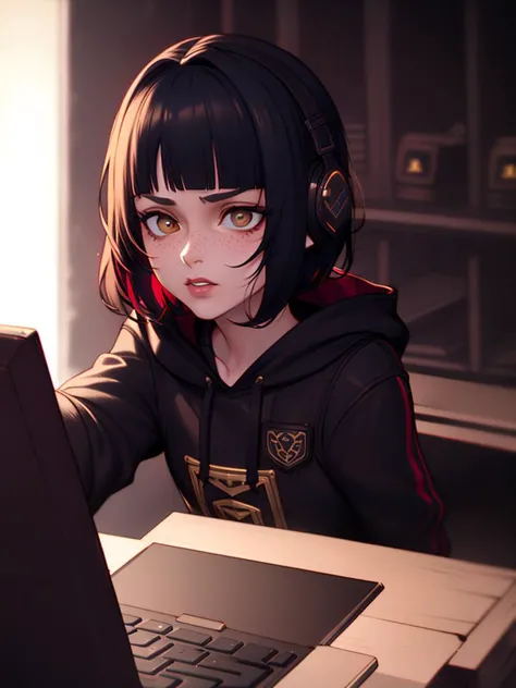 arcan3,, 1girl, woman, tan, ((freckles)), (using a laptop), (((in a server room))), listening to music, red headphones, black hoodie, beanie, programming, (beautiful eyes), ((red and black color pallet)), (very short black hair with red highlights), solo, illustration