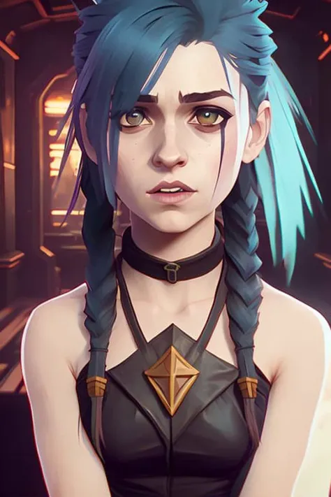 1girl, arm tattoo, asymmetrical bangs, bangs, blue hair, braid, brown shirt, cloud tattoo, looking at viewer, laughing, crazy, uncontrollable laugh, mad look, night, city, green hair, long hair, midriff, pink eyes, red lips, shirt, solo, standing, tattoo, twin braids, upper body, arcan3