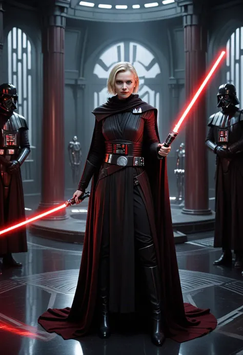 (medium full shot) of (terrifying sith lord) young female, human, fair skin, blue eyes, blonde hair, wearing a armored Sith robe, sleeveless Sith tunic, silver-buckled belt, heavy duty boots, dark silk cloak, holding cross-guard red lightsaber, laughing, arms crossed, set in Sith Temple Council Chamber, Circular room with high-backed thrones, a central hologram projector, panoramic windows, an air of malevolent authority , at dawn, star wars universe, Masterpiece,best quality, photorealistic, amazing quality, very aesthetic, extremely detailed face,