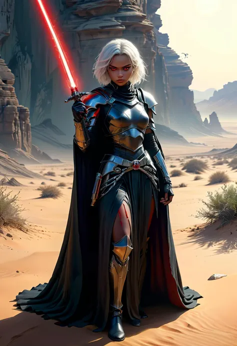 (medium full shot) of (ominous sith lord) young female, human, dark skin, red eyes, white hair,           wearing a ceremonial Sith robe, high-collared Sith tunic, ornate Sith belt, dark combat boots, long dark cloak, holding red-bladed lightsaber, surprised, open mouth, pointing her finger at the viewer, set in  Barren Wasteland, Endless stretches of red sand dunes under a harsh, glaring sun, skeletal remains of ancient structures half-buried, sparse clusters of thorny plants struggling to survive, a solitary rocky outcrop offering the only shade, whispering winds carrying fine dust , at twilight, star wars universe, ,Masterpiece,best quality, photorealistic, amazing quality, very aesthetic, extremely detailed face,