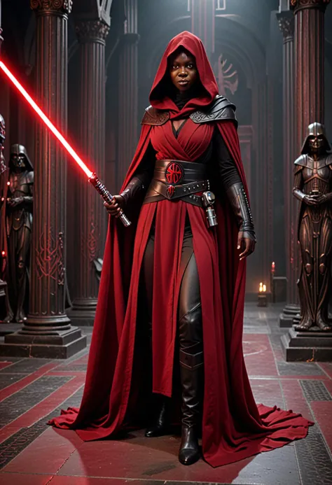 (medium full shot) of (terrifying sith lord) young female, human, dark skin, yellow eyes, brown hair, wearing a heavy black robe, crimson silk tunic, ornate Sith belt, knee-high leather boots, long dark cloak, holding red-bladed lightsaber, laughing, jumping in the air, set in Sith Throne Room, Ominous chamber with a high-backed throne forged from dark metal, walls lined with heavy, dark red fabric, cold, smooth stone floor with glowing red lines, a low, black altar with ritualistic carvings, statues of hooded figures standing vigil , at twilight, star wars universe, Masterpiece,best quality, photorealistic, amazing quality, very aesthetic, extremely detailed face,
