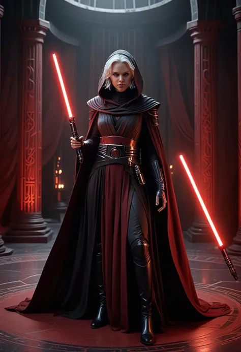 (medium full shot) of (powerful sith lord) young female, human, tan skin, yellow eyes, white hair,           wearing a armored Sith robe, sleeveless Sith tunic, ornate Sith belt, high black boots, dark silk cloak, holding double-bladed red lightsaber, laughing, jumping in the air, set in  Sith Throne Room, Ominous chamber with a high-backed throne forged from dark metal, walls lined with heavy, dark red fabric, cold, smooth stone floor with glowing red lines, a low, black altar with ritualistic carvings, statues of hooded figures standing vigil , at twilight, star wars universe, Masterpiece,best quality, photorealistic, amazing quality, very aesthetic, extremely detailed face,