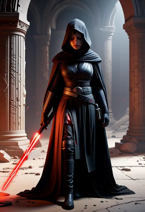 (medium full shot) of (powerful sith lord) young female, human, dark skin, red eyes, brown hair,           wearing a heavy black robe, dark Sith tunic, utility belt with pouches, knee-high leather boots, tattered black cloak, holding whip red lightsaber, laughing, arms crossed, set in  Forsaken Sith Tomb, Dark stone sarcophagi with shattered lids, ancient scrolls scattered across the floor, a broken Sith holocron emitting faint red light, stone benches covered in dust, a collapsed stone archway blocking the entrance , in a battle, star wars universe, ,Masterpiece,best quality, photorealistic, amazing quality, very aesthetic, extremely detailed face,