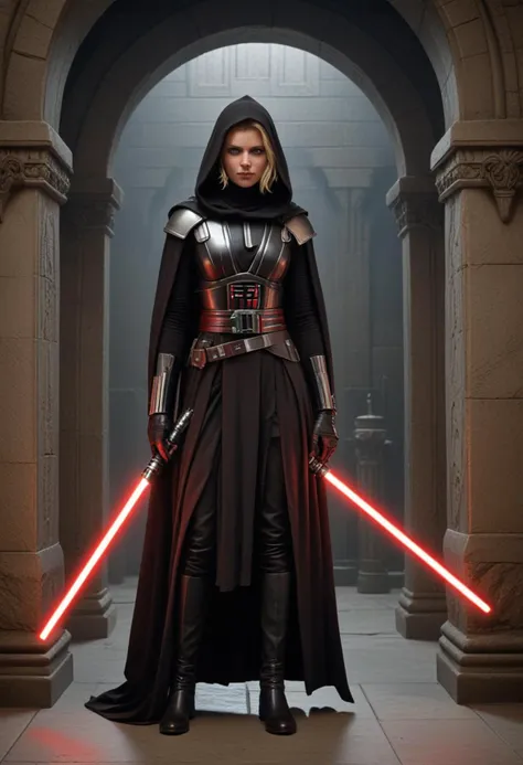 (medium full shot) of (ominous sith lord) young female, human, dark skin, green eyes, blonde hair, wearing a armored Sith robe, sleeveless Sith tunic, wide leather belt, high black boots, hooded Sith cloak, holding pike red lightsaber, laughing, arms crossed, set in Sith Ancient Temple, Dark corridor with narrow slits for windows, an imposing statue of a hooded figure, an iron-bound chest with clawed feet, stone pedestals with weathered artifacts, a stone bench under an arched alcove , at dawn, star wars universe, Masterpiece,best quality, photorealistic, amazing quality, very aesthetic, extremely detailed face,