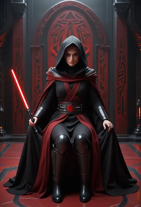 (medium full shot) of (malevolent sith lord) young female, human, tan skin, blue eyes, shaved head,           wearing a hooded Sith robe, high-collared Sith tunic, utility belt with pouches, armored Sith boots, dark silk cloak, holding curved-hilt red lightsaber, laughing, arms crossed, set in  Sith Throne Room, Ominous chamber with a high-backed throne forged from dark metal, walls lined with heavy, dark red fabric, cold, smooth stone floor with glowing red lines, a low, black altar with ritualistic carvings, statues of hooded figures standing vigil , in a battle, star wars universe, Masterpiece,best quality, photorealistic, amazing quality, very aesthetic, extremely detailed face,