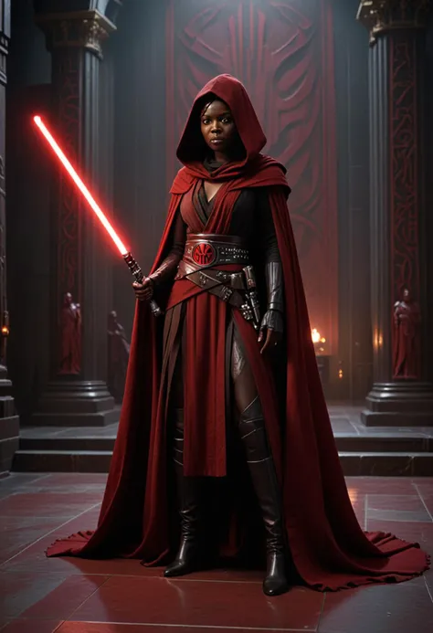 (medium full shot) of (terrifying sith lord) young female, human, dark skin, yellow eyes, brown hair,           wearing a heavy black robe, crimson silk tunic, ornate Sith belt, knee-high leather boots, long dark cloak, holding red-bladed lightsaber, laughing, jumping in the air, set in  Sith Throne Room, Ominous chamber with a high-backed throne forged from dark metal, walls lined with heavy, dark red fabric, cold, smooth stone floor with glowing red lines, a low, black altar with ritualistic carvings, statues of hooded figures standing vigil , at twilight, star wars universe, Masterpiece,best quality, photorealistic, amazing quality, very aesthetic, extremely detailed face,