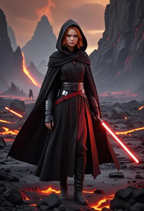 (medium full shot) of (powerful sith lord) young female, human, tan skin, yellow eyes, ginger hair,           wearing a hooded Sith robe, high-collared Sith tunic, black sash belt, heavy duty boots, long dark cloak, holding red-bladed lightsaber, smiling at the viewer, set in  Volcanic Planet Battlefield, Molten lava rivers, cracked ground, burning wreckage, scattered weapons, the roar of volcanic eruptions , at dawn, star wars universe, Masterpiece,best quality, photorealistic, amazing quality, very aesthetic, extremely detailed face,