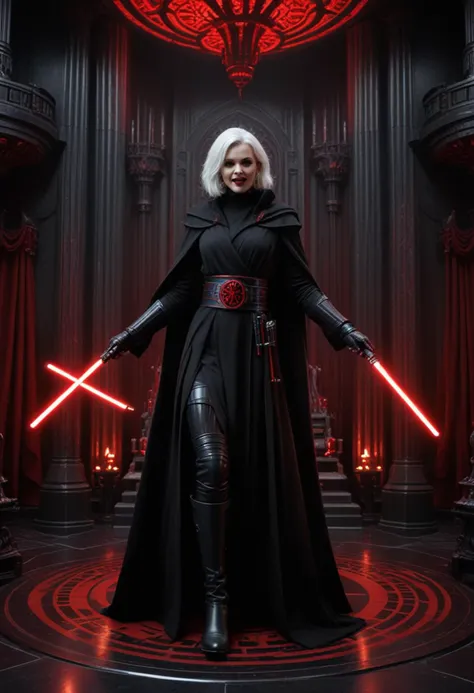 (medium full shot) of (fearsome sith lord) young female, human, pale skin, red eyes, white hair,           wearing a heavy black robe, high-collared Sith tunic, utility belt with pouches, high black boots, heavy woolen cloak, holding double-bladed red lightsaber, laughing, jumping in the air, set in  Sith Throne Room, Darkened space with a gothic throne carved from black stone, heavy velvet curtains in deep crimson, polished obsidian floors with intricate Sith symbols etched in red, a row of sinister-looking busts on pedestals, an elaborate chandelier with red crystals hanging overhead , at dawn, star wars universe, Masterpiece,best quality, photorealistic, amazing quality, very aesthetic, extremely detailed face,