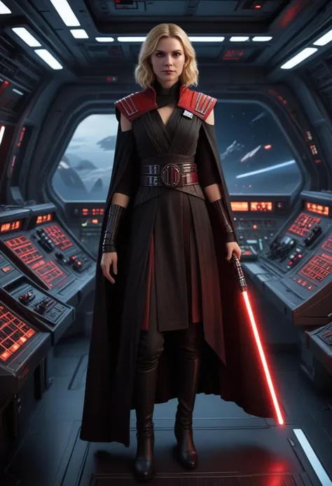 (medium full shot) of (fearsome sith lord) young female, human, tan skin, red eyes, blonde hair, wearing a ceremonial Sith robe, sleeveless Sith tunic, ornate Sith belt, high black boots, heavy woolen cloak, holding double-bladed red lightsaber, smiling at the viewer, set in Cruiser Command Bridge, Panoramic views of space, tactical holograms, bustling crew, control consoles, the voice of the ship's commander , at dawn, star wars universe, Masterpiece,best quality, photorealistic, amazing quality, very aesthetic, extremely detailed face,