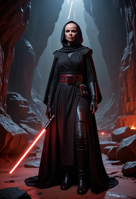 (medium full shot) of (intimidating sith lord) young female, human, tan skin, yellow eyes, shaved head,           wearing a heavy black robe, high-collared Sith tunic, wide leather belt, knee-high leather boots, tattered black cloak, holding dual red lightsabers, laughing, arms crossed, set in  Sith Temple Cave, Dark, foreboding space with ancient Sith carvings etched into the stone, a flickering red glow from distant crystals, the air thick with the smell of decay, crumbling statues of long-forgotten Sith lords, scattered bones on the cold floor , at twilight, star wars universe, Masterpiece,best quality, photorealistic, amazing quality, very aesthetic, extremely detailed face,