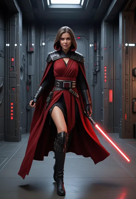 (medium full shot) of (terrifying sith lord) young female, human, tan skin, blue eyes, brown hair, wearing a armored Sith robe, crimson silk tunic, ornate Sith belt, dark combat boots, tattered black cloak, holding red-bladed lightsaber, laughing, jumping in the air, set in Sith Academy, Enclosed training area with reinforced steel walls, a smooth stone floor marked with combat circles, padded benches along the perimeter, a weapon rack filled with training gear, a tall cabinet storing practice droids , at twilight, star wars universe, Masterpiece,best quality, photorealistic, amazing quality, very aesthetic, extremely detailed face,