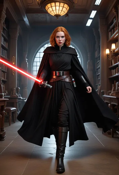 (medium full shot) of (ruthless sith lord) young female, human, pale skin, green eyes, ginger hair,           wearing a heavy black robe, black leather tunic, utility belt with pouches, heavy duty boots, heavy woolen cloak, holding curved-hilt red lightsaber, surprised, open mouth, running toward the viewer, set in  Sith Academy, Sparsely furnished room with cold stone floors, a single iron chandelier hanging from the ceiling, a solid wooden desk with intricate carvings, shelves lined with ancient texts, a high-backed chair draped in dark fabric , at dawn, star wars universe, Masterpiece,best quality, photorealistic, amazing quality, very aesthetic, extremely detailed face,