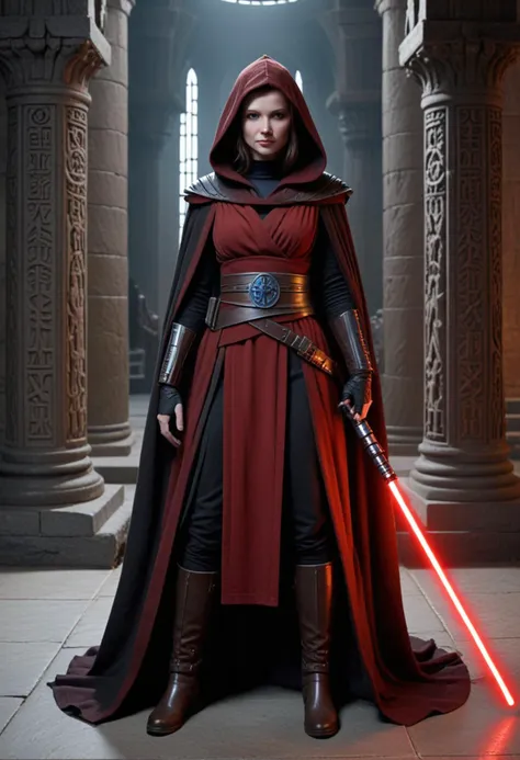 (medium full shot) of (malevolent sith lord) young female, human, pale skin, blue eyes, brown hair,           wearing a hooded Sith robe, armored Sith tunic, utility belt with pouches, armored Sith boots, flowing Sith cloak, holding pike red lightsaber, smiling at the viewer, set in  Sith Ancient Temple, Gloomy chamber with towering stone pillars etched with ancient runes, a massive stone altar at the center, iron sconces with flickering torches, an ornate wooden chest with intricate carvings, weathered stone benches lining the walls , at twilight, star wars universe, Masterpiece,best quality, photorealistic, amazing quality, very aesthetic, extremely detailed face,