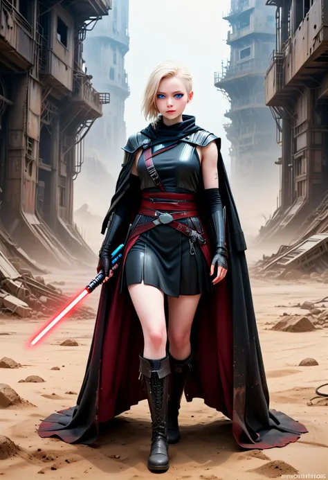 (medium full shot) of (malevolent sith lord) young female, human, pale skin, blue eyes, shaved head, wearing a dark Sith robe, sleeveless Sith tunic, wide leather belt, knee-high leather boots, heavy woolen cloak, holding cross-guard red lightsaber, smiling at the viewer, set in Forsaken Outpost, A derelict communication tower leaning precariously, debris from shattered droids littering the ground, faded insignias on collapsing walls, an empty landing pad covered in sand, traces of long-gone campfires , in a battle, star wars universe, ,Masterpiece,best quality, photorealistic, amazing quality, very aesthetic, extremely detailed face,