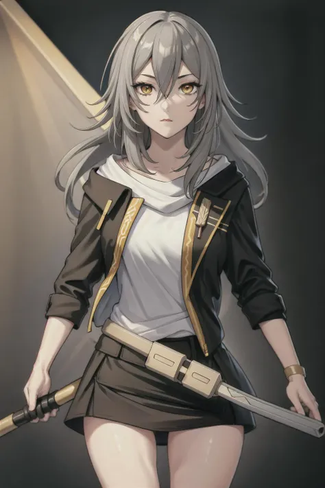 <lora:stelle_hsr_3:0.6>, masterpiece, high quality, absurdres, 1girl, grey hair, yellow eyes, looking at viewer, ((solo)), weapon, holding