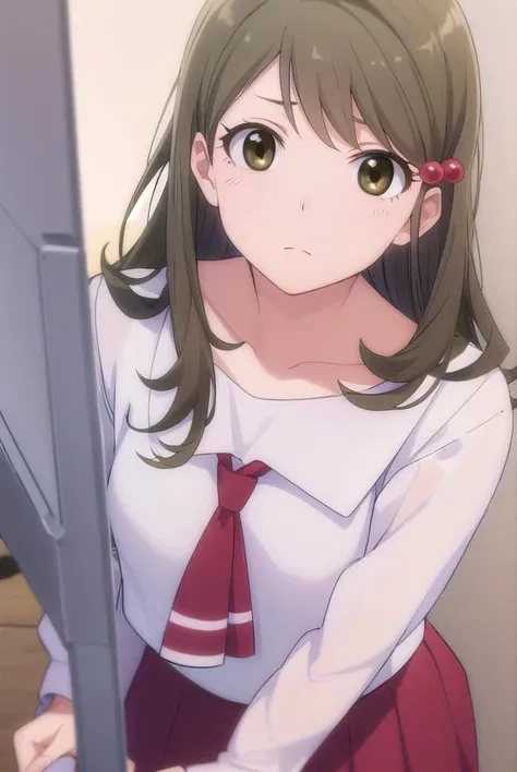 tohkoichiyama, <lora:tohko ichiyama s1-lora-nochekaiser:1>,
tohko ichiyama, long hair, brown hair, hair ornament, (brown eyes:1.5), hair bobbles, anger vein, angry, frown,
BREAK skirt, shirt, long sleeves, school uniform, white shirt, pleated skirt, serafuku, sailor collar, red skirt, pink skirt, red sailor collar,
BREAK indoors, office,
BREAK looking at viewer, (cowboy shot:1.5),
BREAK <lyco:GoodHands-beta2:1>, (masterpiece:1.2), best quality, high resolution, unity 8k wallpaper, (illustration:0.8), (beautiful detailed eyes:1.6), extremely detailed face, perfect lighting, extremely detailed CG, (perfect hands, perfect anatomy),