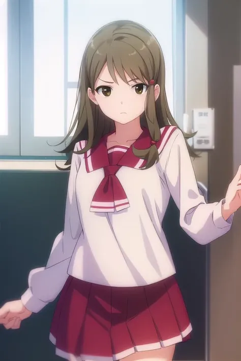 tohkoichiyama, <lora:tohko ichiyama s1-lora-nochekaiser:1>,
tohko ichiyama, long hair, brown hair, hair ornament, (brown eyes:1.5), hair bobbles, anger vein, angry, frown,
BREAK skirt, shirt, long sleeves, school uniform, white shirt, pleated skirt, serafuku, sailor collar, red skirt, pink skirt, red sailor collar,
BREAK indoors, office,
BREAK looking at viewer, (cowboy shot:1.5),
BREAK <lyco:GoodHands-beta2:1>, (masterpiece:1.2), best quality, high resolution, unity 8k wallpaper, (illustration:0.8), (beautiful detailed eyes:1.6), extremely detailed face, perfect lighting, extremely detailed CG, (perfect hands, perfect anatomy),