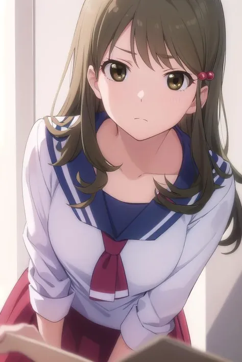 tohkoichiyama, <lora:tohko ichiyama s1-lora-nochekaiser:1>,
tohko ichiyama, long hair, brown hair, hair ornament, (brown eyes:1.5), hair bobbles, anger vein, angry, frown,
BREAK skirt, shirt, long sleeves, school uniform, white shirt, pleated skirt, serafuku, sailor collar, red skirt, pink skirt, red sailor collar,
BREAK indoors, office,
BREAK looking at viewer, (cowboy shot:1.5),
BREAK <lyco:GoodHands-beta2:1>, (masterpiece:1.2), best quality, high resolution, unity 8k wallpaper, (illustration:0.8), (beautiful detailed eyes:1.6), extremely detailed face, perfect lighting, extremely detailed CG, (perfect hands, perfect anatomy),