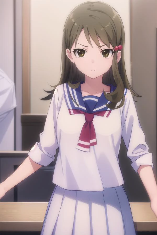 1girl, blush, smile, cowboy shot, dynamic angle, dynamic pose, arms behind back, small breasts, classroom, looking_at_viewer, school_uniform, <hypernet:matsunaga:1>