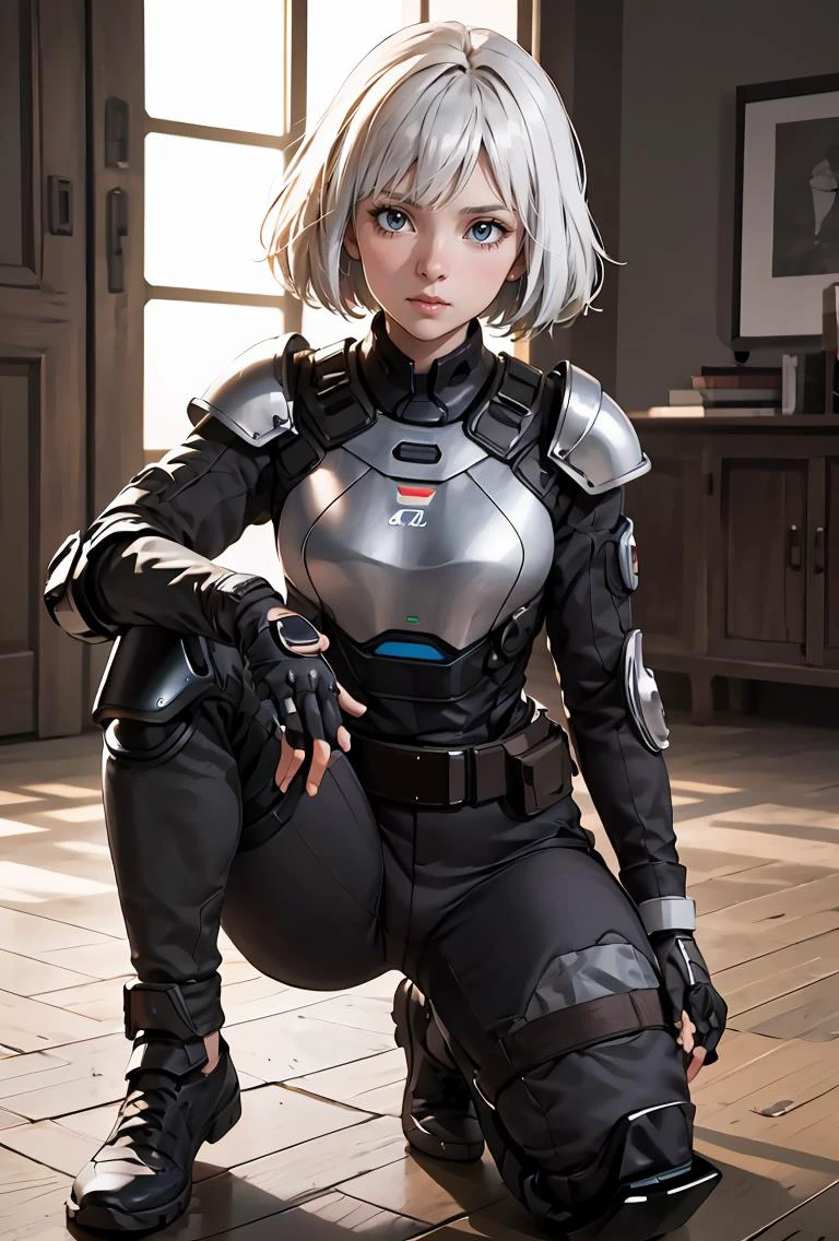 (masterpiece, best quality), 1girl, <lora:ianar6-guy-v2:0.8> ianar6, bodysuit, armor, fingerless gloves, gloves, pants, knee pads