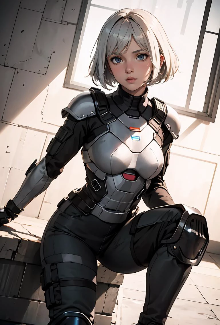 (masterpiece, best quality), 1girl, <lora:ianar6-guy-v2:0.8> ianar6, bodysuit, armor, fingerless gloves, gloves, pants, knee pads