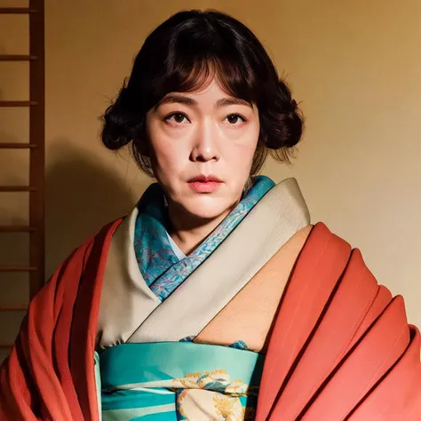 solo, 1girl, realistic, japanese clothes, kimono, full body, lips, nose, yosano akiko,<lyco:yosano akiko:0.7>