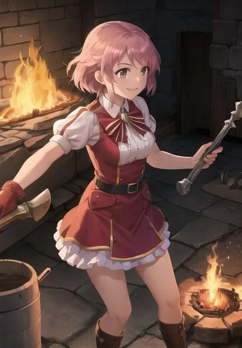 <lora:Lisbeth_Rika:0.8>, Lisbeth_Rika, anvil, forging, hammer, fire, smile, blacksmith,, (acclaimed, alluring, captivating, exciting, gorgeous, striking:1.3), (highly detailed, high quality:1.3)