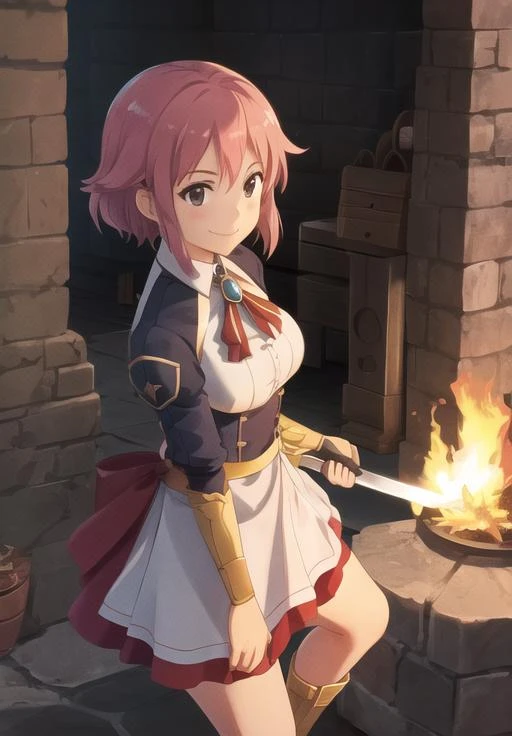<lora:Lisbeth_Rika:0.8>, Lisbeth_Rika, anvil, forging, hammer, fire, smile, blacksmith, forging sword, (acclaimed, alluring, captivating, exciting, gorgeous, striking:1.3), (highly detailed, high quality:1.3)