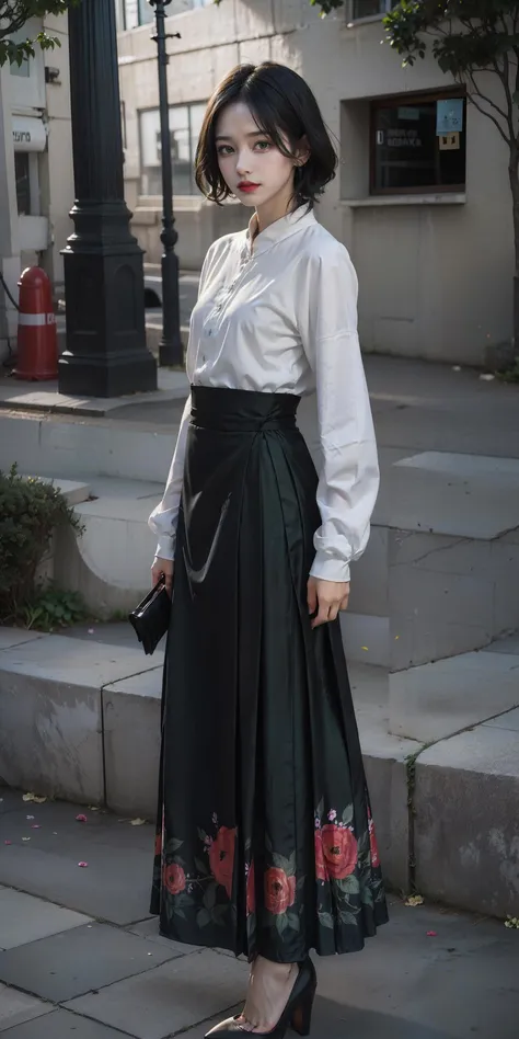 (dark green printed long skirt:1.2),(flowers print:1.2),(white long sleeves),high heels,1 girl,full body, high heels,(short hair:1.1), (realistic:1.7),((best quality)),absurdres,(ultra high res),(photorealistic:1.6),photorealistic,octane render,(hyperrealistic:1.2), (photorealistic face:1.2), (8k), (4k), (Masterpiece),(realistic skin texture), (illustration, cinematic lighting,wallpaper),( beautiful eyes:1.2),((((perfect face)))),(cute),(standing),(black hair),(short hair),black eyes,red lips, (outdoors),<lora:Ma-Mian_skirt-000014:0.55>, <lora:JapaneseDollLikeness_v15:0.4>,