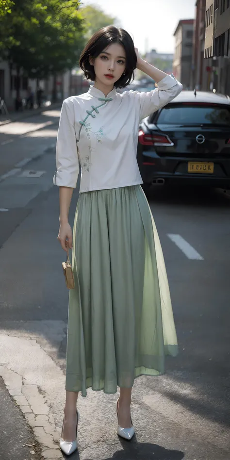 <lora:QiPao2-000013:0.55>,(green printed chinese upshirt),(white long skirt),1 girl,full body, high heels,(short hair:1.1), (realistic:1.7),((best quality)),absurdres,(ultra high res),(photorealistic:1.6),photorealistic,octane render,(hyperrealistic:1.2), (photorealistic face:1.2), (8k), (4k), (Masterpiece),(realistic skin texture), (illustration, cinematic lighting,wallpaper),( beautiful eyes:1.2),((((perfect face)))),(cute),(standing),(black hair),(short hair),black eyes,red lips, (outdoors), <lora:ChineseDollLikenessV3.0:0.4>