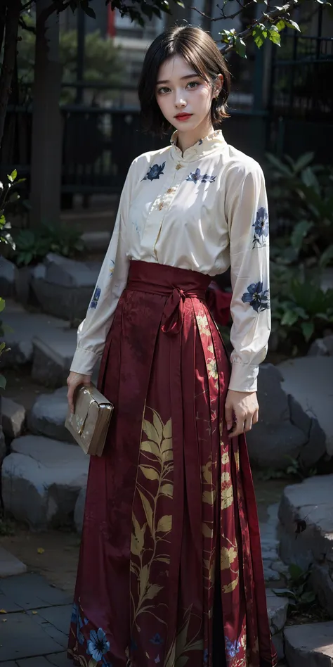 (long skirt:1.2),(blue flowers print:1.2),(yellow flowers print:1.2),(red flowers print:1.3),(birds print:1.2),(leaf print:1.2),1 girl,full body, (short hair:1.1), (realistic:1.7),((best quality)),absurdres,(ultra high res),(photorealistic:1.6),photorealistic,octane render,(hyperrealistic:1.2), (photorealistic face:1.2), (8k), (4k), (Masterpiece),(realistic skin texture), (illustration, cinematic lighting,wallpaper),( beautiful eyes:1.2),((((perfect face)))),(cute),(standing),(black hair),(short hair),black eyes,red lips, (outdoors),<lora:Ma-Mian_skirt:0.75>, <lora:JapaneseDollLikeness_v15:0.4>,