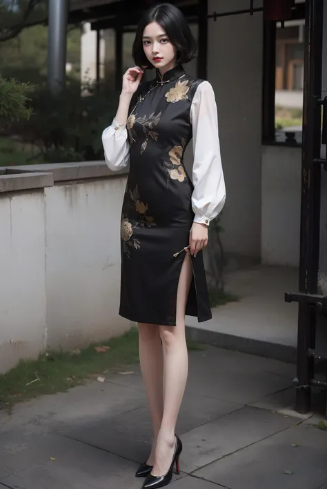 (akusema long sleeves printed china dress),1 girl,upper body, high heels,(short hair:1.1), (realistic:1.7),((best quality)),absurdres,(ultra high res),(photorealistic:1.6),photorealistic,octane render,(hyperrealistic:1.2), (photorealistic face:1.2), (8k), (4k), (Masterpiece),(realistic skin texture), (illustration, cinematic lighting,wallpaper),( beautiful eyes:1.2),((((perfect face)))),(cute),(standing),(black hair),(short hair),black eyes,red lips, (outdoors),<lora:ChinaDress:0.55>, <lora:JapaneseDollLikeness_v15:0.4>,