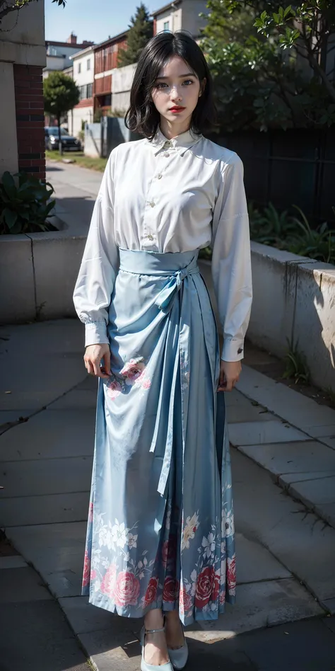 (light blue printed long skirt:1.2),(flowers print),(white long sleeves shirt),high heels,1 girl,full body, high heels,(short hair:1.1), (realistic:1.7),((best quality)),absurdres,(ultra high res),(photorealistic:1.6),photorealistic,octane render,(hyperrealistic:1.2), (photorealistic face:1.2), (8k), (4k), (Masterpiece),(realistic skin texture), (illustration, cinematic lighting,wallpaper),( beautiful eyes:1.2),((((perfect face)))),(cute),(standing),(black hair),(short hair),black eyes,red lips, (outdoors),<lora:Ma-Mian_skirt-000014:0.55>, <lora:JapaneseDollLikeness_v15:0.4>,