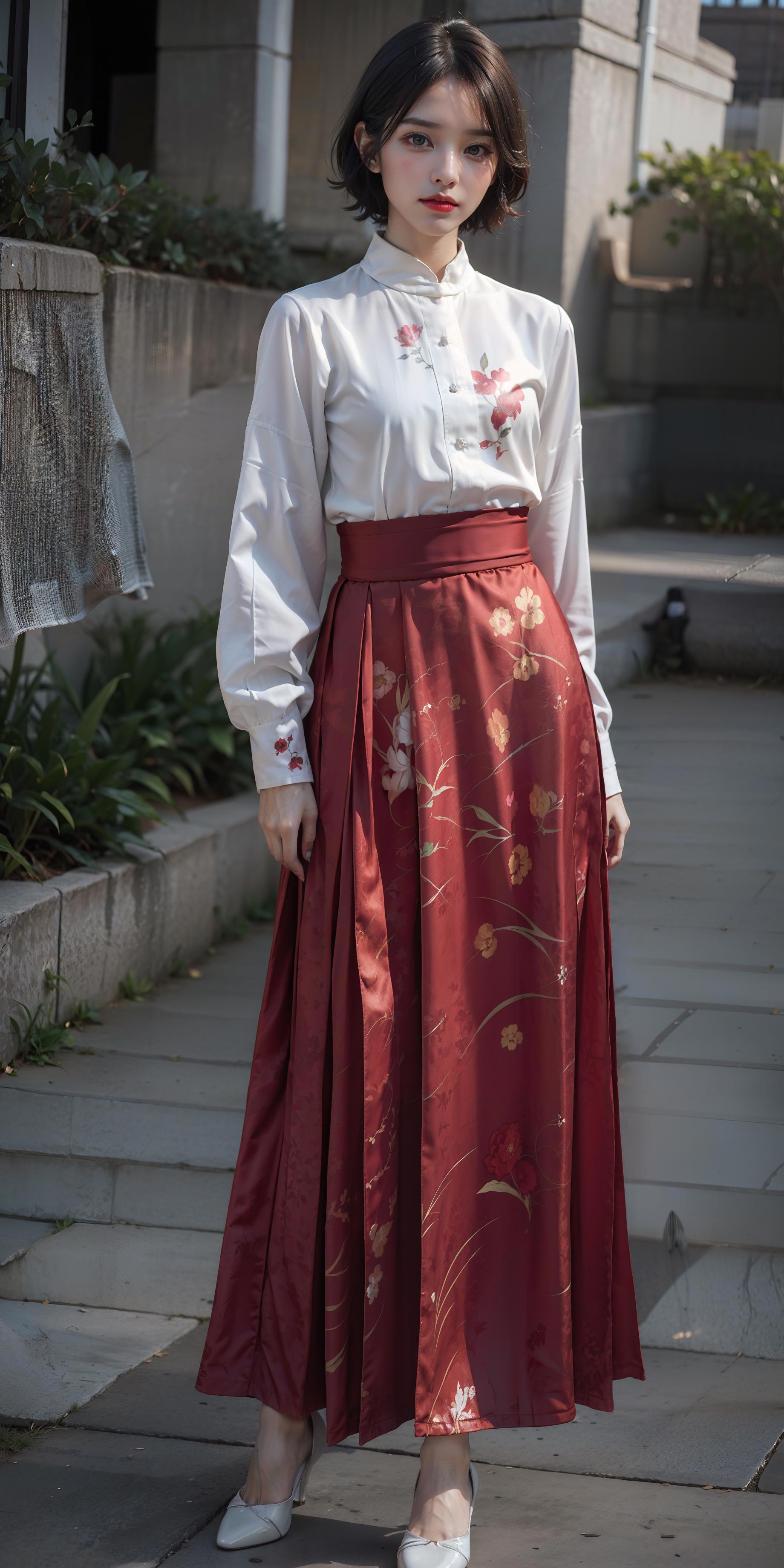 A woman in a white shirt and red skirt standing on a sidewalk - SeaArt AI