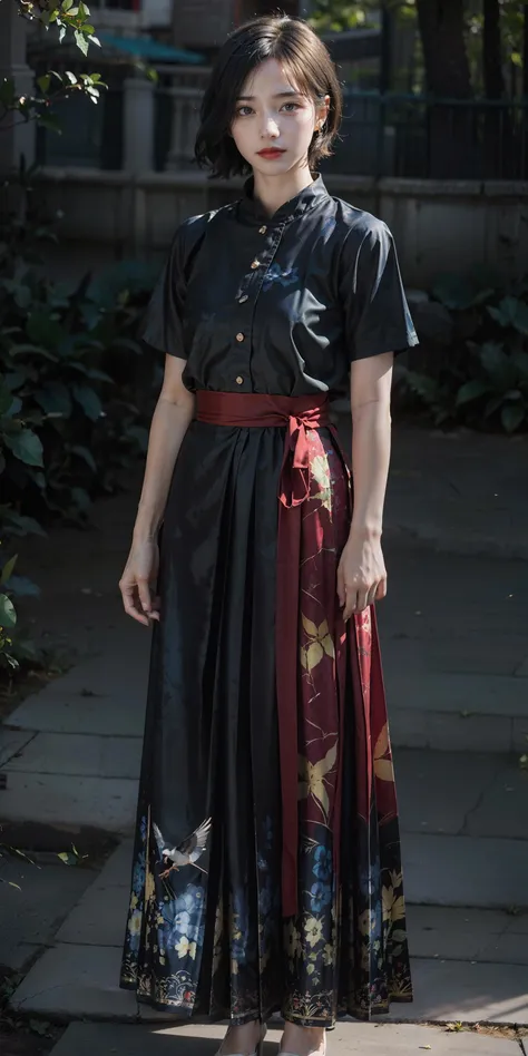 (long skirt:1.2),(blue flowers print:1.2),(yellow flowers print:1.2),(red flowers print:1.3),(birds print:1.2),(leaf print:1.2),1 girl,full body, (short hair:1.1), (realistic:1.7),((best quality)),absurdres,(ultra high res),(photorealistic:1.6),photorealistic,octane render,(hyperrealistic:1.2), (photorealistic face:1.2), (8k), (4k), (Masterpiece),(realistic skin texture), (illustration, cinematic lighting,wallpaper),( beautiful eyes:1.2),((((perfect face)))),(cute),(standing),(black hair),(short hair),black eyes,red lips, (outdoors),<lora:Ma-Mian_skirt:0.75>,  <lora:JapaneseDollLikeness_v15:0.4>,