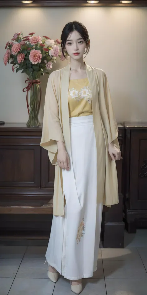 <lora:Song_HanFu:0.7>,(hanfu),(floral print:1.3),(yellow shirt),(black long skirt),(long sleeves),1 girl,full body,(short hair:1.1), (realistic:1.7),((best quality)),absurdres,(ultra high res),(photorealistic:1.6),photorealistic,octane render,(hyperrealistic:1.2), (photorealistic face:1.2), (8k), (4k), (Masterpiece),(realistic skin texture), (illustration, cinematic lighting,wallpaper),( beautiful eyes:1.2),((((perfect face)))),(cute),(standing),(black hair),black eyes,red lips, indoors, chinese ornaments, wooden chinese table, window, flowers, <lora:JapaneseDollLikeness_v15:0.4>,
