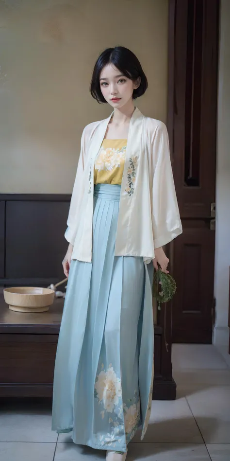 <lora:Song_HanFu:0.7>,(hanfu),(floral print:1.3),(pink/yellow/green/purple/blue/red/white/black shirt), (pink/yellow/green/blue/red/white/black long skirt),(long sleeves),1 girl,full body,(short hair:1.1), (realistic:1.7),((best quality)),absurdres,(ultra high res),(photorealistic:1.6),photorealistic,octane render,(hyperrealistic:1.2), (photorealistic face:1.2), (8k), (4k), (Masterpiece),(realistic skin texture), (illustration, cinematic lighting,wallpaper),( beautiful eyes:1.2),((((perfect face)))),(cute),(standing),(black hair),black eyes,red lips, indoors, chinese ornaments, wooden chinese table, window, flowers, <lora:JapaneseDollLikeness_v15:0.4>