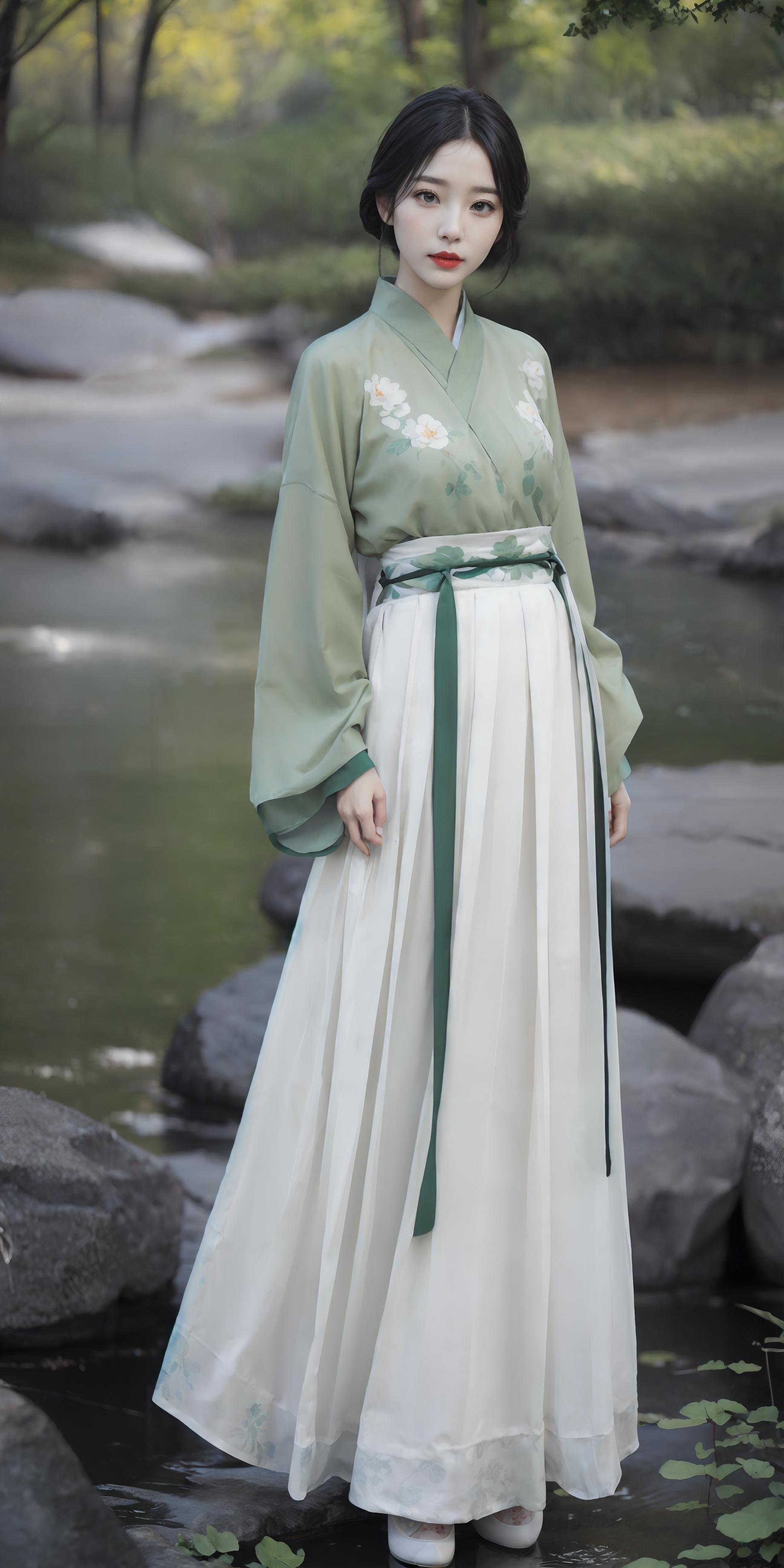 Arafed woman in a green and white dress standing in a river - SeaArt AI
