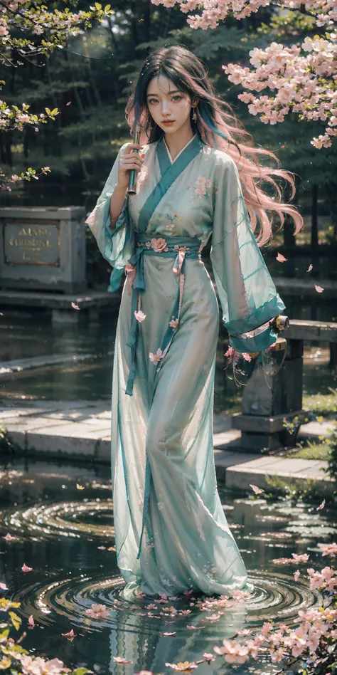 <lora:weijin_hanfu:0.6>,<(best quality, extremery best quality, masterpiece:1.5), (realistic, intricate details:1.2), (photorealistic:1.4), (extremely intricate:1.2), highres, ultra highres, ultra-detailed, absurdres, incredibly absurdres, extremely detailed, high quality, high resolution, hyperrealistic, ultra-realistic, hyper-detailed, top quality, best, fine detail, massive detail, Highly detailed, extreme detailed, highest detailed, high-res, absolutely resolution, reflection, (refraction:1.4)>, BREAK, 1girl, solo, looking at viewer, flat bangs, (young cute beautiful 18-year-old girl:1.1), 3d face, beautiful girl, Beautiful face, pretty, girlface, kpop idol, supermodel, stunning innocent symmetry face, (hand of Guido Daniele), perfect body, medium breast, slim waist, slim legs, (high detailed skin:1.2), glowing eyes, goddess, natural skin texture, shiny skin, White skin, Beautiful detailed face, detailed face, real skin texture, cute delicate face, finely detailed face, golden ratio, golden ratio face, expressive eyes, perfect face, perfect skin, flawless face, clear face, shiny hair, pale skin, Proper body proportion, perfect anatomy, realistic skin texture, luscious lips, glossy lips, natural makeup, beautiful bright pupils, slender figure, intricate eyes, detailed pupils, detailed face and eyes, longeyelashes, blush, good hand, perfect hands, pretty face, beautiful female bodies, finely detailed skin, oily shiny skin, BREAK, (((((golden hour, Sakura tree background, petals falling, dawn light, cobblestone pathway, building pavilion, chinese buildings, moutains, misty lake, ancient chinese background, puddle, after the rain, wet grass and trees, (sky overcast with a rainbow), (sunlight reflection), flower sea, in a meadow, (waterfall:1.2), ((breeze)), flying splashes, flying petals, leaves, nature, river, (forest), (bloom), bloom effect, detailed beautiful grassland with petal, flower, butterfly, petal, (((surrounded by heavy floating petal flow))), flowers, (black hair:1.3), (hanfu), (chinese clothes), ((floral print)), ((green/blue/yellow/pink/white/blackmagnificent print long sleeves)), ((pink/white/black/green/blue/yellow print see-through dress)), red lips, (chinese style countryard), (pond), (fullbody:1.3), (Luminescent Particles:1.4), (glow:1.1), beautiful sunset, wind, fog, (Pink hair:1.3), outdoors, (wavy hair), (long hair), (ahoge), (violet eyes), (golden accessories), (iridescent colors), watercolor, available light, detailed light, smile, volumetric fog, beautiful lighting, colorful refraction, Rembrandt lighting, Cinematic, pixel art, game art, key visual, surreal, PBR Texturing, Anisotropic Filtering, Maximum Clarity And Sharpness, Albedo And Specular Maps, Multi-Layered Textures, Surface Shading, Sub-Pixel Convolution, Sub-Pixel Convolution, Accurate Simulation Of Light-Material Interaction)))), BREAK, <blurry foreground, broad light, volumetric light effect, matte painting, perfectly defined features, volumetric lighting, Tone Mapping, Lumen Reflections, Global illumination, Ray Tracing, Screen Space Global Illumination, Accent Lighting, 32k, Natural Lighting, volumetric, cinematic masterpiece, Rule of thirds, high dynamic range, Multi-exposure HDR capture, cinematic render, game cg cinematic, atmospheric perspective, movie scene, epic dynamic frame, motion blur, ((cinematic look, Film look)), rim light, 4k textures, adobe lightroom, photolab, insane details, hyperdetailed, exposure blend, professional color grading, professional color correction, aerial perspective, particles and dust in beams of light, cinematic scene, dynamic lighting, sharp details, lomography, soft focus, light leaks, bold hues, atmospheric depth, (explosive light and shadow:1.2), aesthetics, intricate designs, ultra realistic digital art, (zentangle, mandala, tangle, entangle), (fractal art), elegant, vivid colours, floating particles, particles, dramatic, epic, (ink drawing, oil painting detailed), (dramatic lighting:1.2), (eye focus, face focus, character focus, close-up face:1.3), (dutch angle, cowboy shot:1.1), RAW, huge filesize, extremery detailed CG, Photo, 8k uhd, cinematic atmosphere, trending on artstation, award-winning glamour photograph, highly detailed photo, official art, beautiful and aesthetic, unity 8k wallpaper, beautiful, highly detailed CG illustration, best illustration, intricate, Amazing, emotional, analog, painting, digital painting, concept art, Oil Painting, illustration, Classical art, Renaissance, Romanticism, Neoclassicism, Color Palette, depth and contrast, Vibrant colors, saturated, rich saturation, color harmony, vivid palette, concept-art, design style, detail character, concept render, colorful, analog photography, dreamy atmosphere, specular highlights, atmospheric lighting, (dynamic angle, dynamic pose :1.3), (shiny, clothes reflecting light, lens flare, bloom effect, light particle, lens glare:1.3), realistic lighting, cinematic light, (cinematic lighting), light in the face, soft lighting, saturated colors, detailed background, sharp focus, 8k high definition, perspective, Master Composition, roughness, post-processing, soft shadows, realistic shadows, ambient occlusion, ray-tracing, subsurface scattering, photon mapping, physically-based rendering, octane rendering, unreal engine 5, ue5 rendering, Adobe After FX, dslr, RTX, Best character details, radiosity, sharp, antialiased, RAW photo, HDR, 8k, 4k, (((Photographed by Roger Deakins, using a RED Monstro 8K VV camera and a series of high-end lenses))), ((Hasselblad photography)), (film grain:1.4), Kodak portra 400, ((Fujifilm X-T5)), professional photograph, depth of field, caustics, Broad lighting, diffuse lighting, rim lighting, two tone lighting, textile details, visible pores, high resolution scan, professionally color graded, photographic reality, automatic white balance, best lighting, detailed shadow, high contrast, strong light and shadow>, (PureErosFace_V1:0.5), (ulzzang-6500:0.5), <lora:epiNoiseoffset_v3:0.15>, (kbxll:0.6), <lora:FilmVelvia2:0.15>,