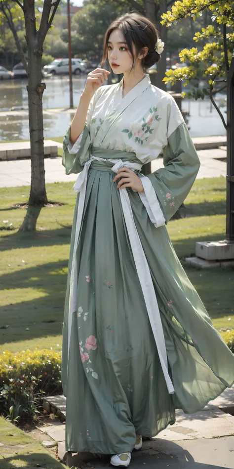 <lora:new_weijin_hanfu:0.8>,1girl,floral print, (green print chinese shirt),(white print long skirt),full body, short hair, outdoors, park, lawn, flowers,trees, sunshine,lake