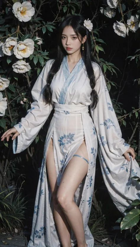 (photo-realistic,ultra realistic 8k CG:1.2),perfect artwork,delicate pattern, (best quality,intricate detail,extremely intricate:1.2),70mm telephoto lens, (ulzzang6500V),(idol),(detailed clothes features),Exquisite Makeup,the pose, (1girl,solo:1.2),woman,girly,bright eyes,(detailed eyes),(wet skin,nsfw:1.1), (very long hair,Floating hair,Flamboyant hair,wind,gale,hair accessories:1.4), (silk Ribbon in front:1.3),earrings,filigree,detached sleeves,wide sleeves, (see through clothes,translucent clothes,armlet:1.2),(revealing clothes),jewelry, (horizon,longView,distant,Leaves and plant in front:1.2),simple background, (face,thighs,robe,long skirt,hanfu,chinese clothes,floral print:1.4), <lora:InstantPhotoX3:0.6>, <lora:new_weijin_hanfu:0.2>