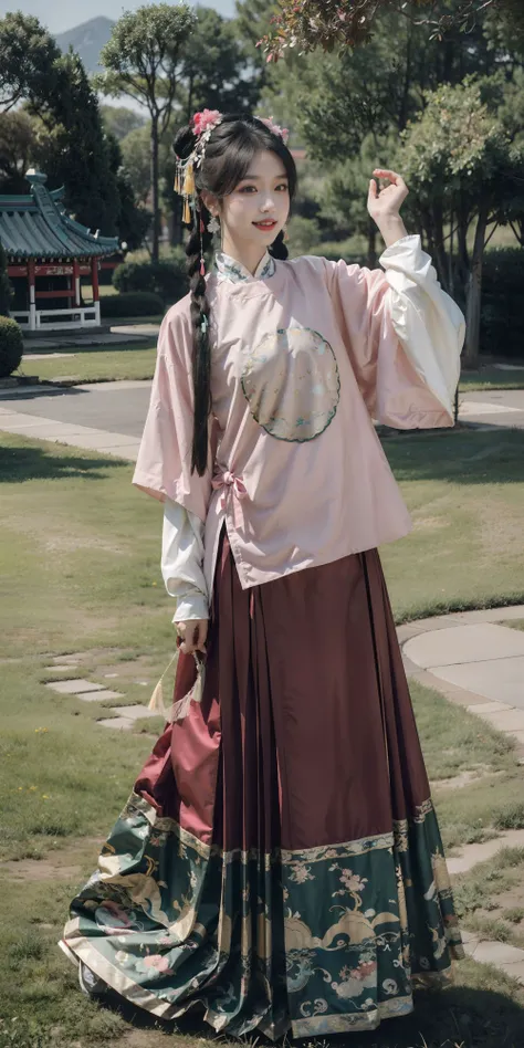 <lora:hanfu_ming-000014:0.65>, best quality, 1girl,(white/blue/red/black/green/pink/yellow chinese shirt),(white/blue/red/black/green/pink/yellow chinese long skirt), long hair, black hair, upper body, cowboy shot, looking at viewer,standing, dancing, (smile:0.5),outdoors, chinese style countryard,