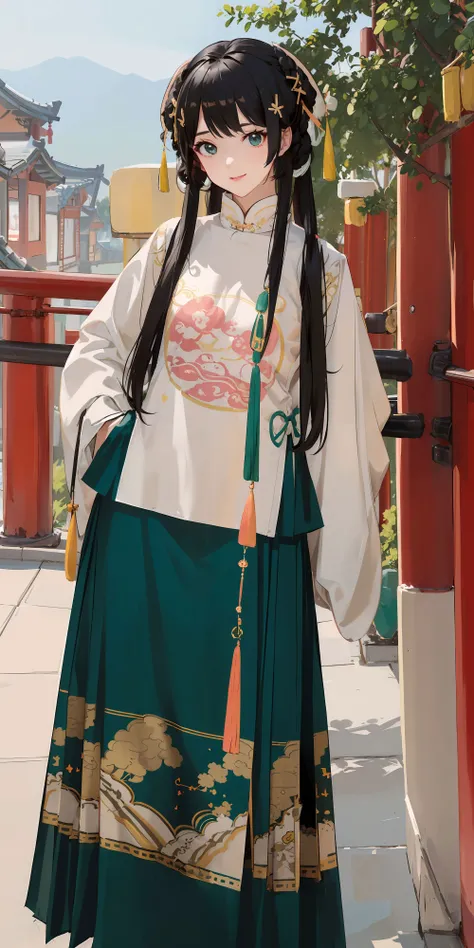 <lora:hanfu_ming:0.7>, best quality, 1girl,(white/blue/red/black/green/pink/yellow chinese shirt),(white/blue/red/black/green/pink/yellow chinese long skirt), long hair, black hair, upper body, cowboy shot, looking at viewer,standing, arms behind back, (smile:0.5),outdoors, chinese style countryard,