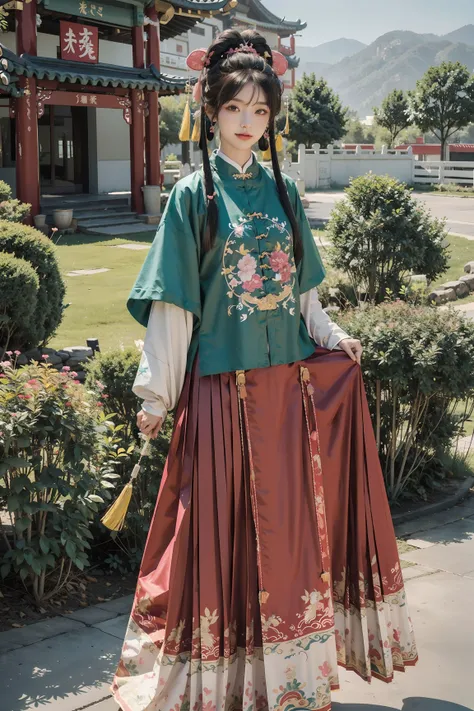 <lora:hanfu_ming:0.65>, best quality, 1girl,(white/blue/red/black/green/pink/yellow chinese shirt),(white/blue/red/black/green/pink/yellow chinese long skirt), long hair, black hair, upper body, cowboy shot, looking at viewer,standing, dancing, (smile:0.5),outdoors, chinese style countryard,